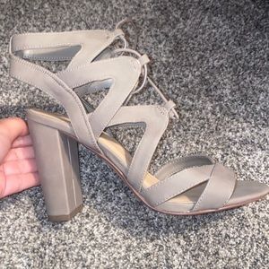 Charlotte Russe lace up heels. Color is taupe/grayish. Never worn.